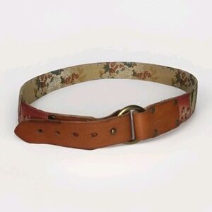 Lucky Brand Belt Womens 36 Leather Fabric Oriental Asian Flower Bohemian Hippie